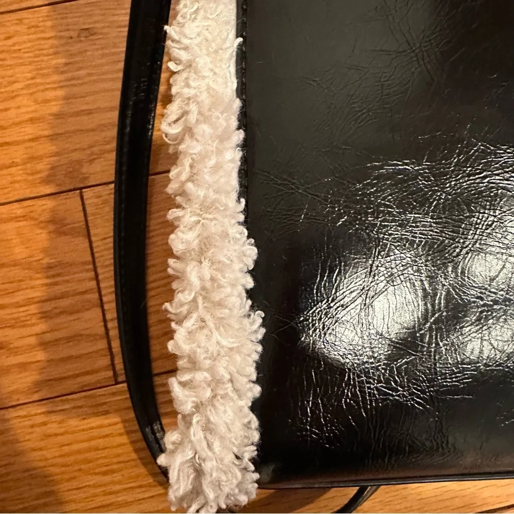 DKNY North South Crossbody Black Faux Leather Mini Tote with Sherpa Trim